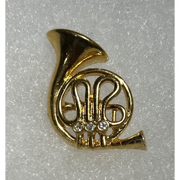 French Horn ~ Gold Tone With Rhinestones Tie Tack or  Lapel Pin - Picture 1 of 2